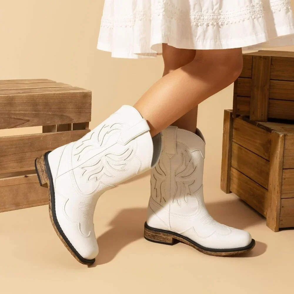 ⚡Girls White Square Toe Mid Calf Cowgirl Boots Western Fashion Riding Shoes